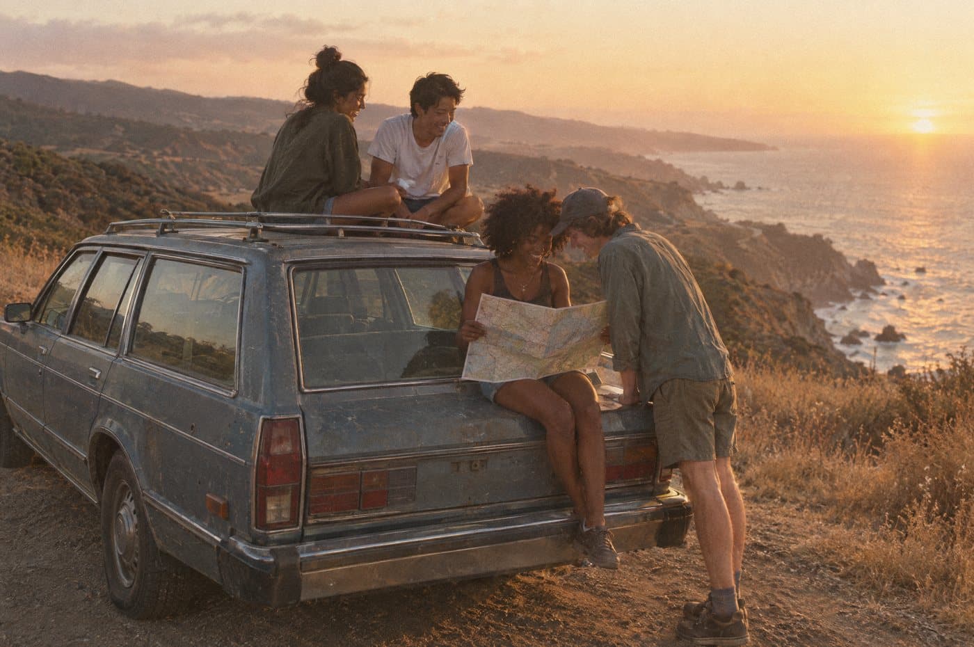 Four friends on an old station wagon above the ocean at sunset