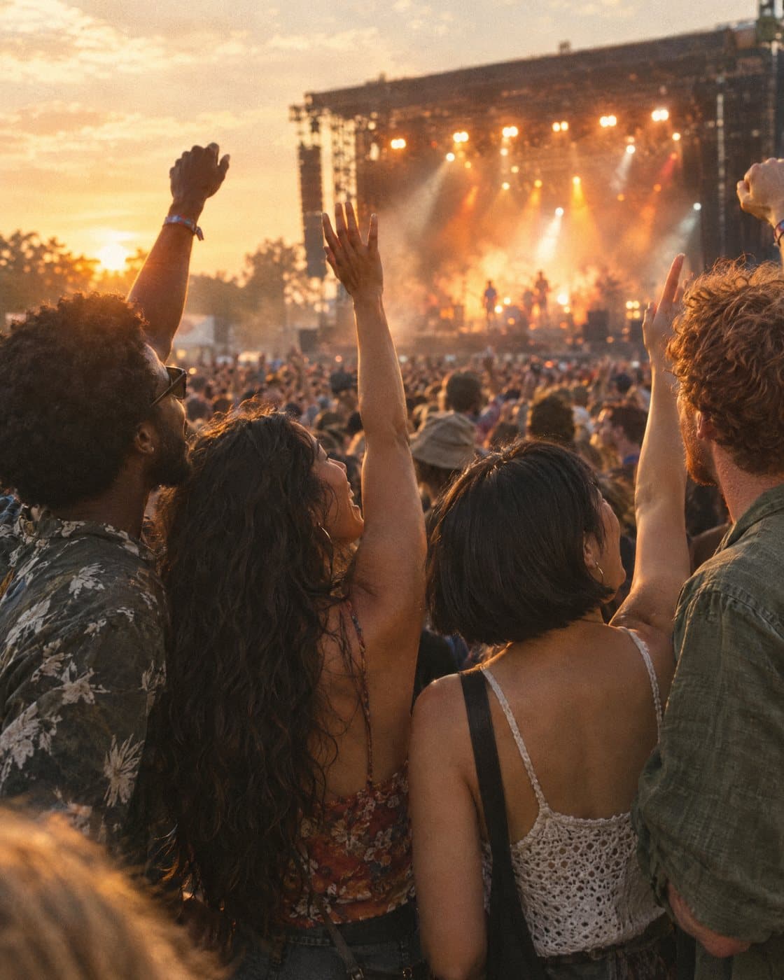 Friends at an outdoor concert at sunset, arms up