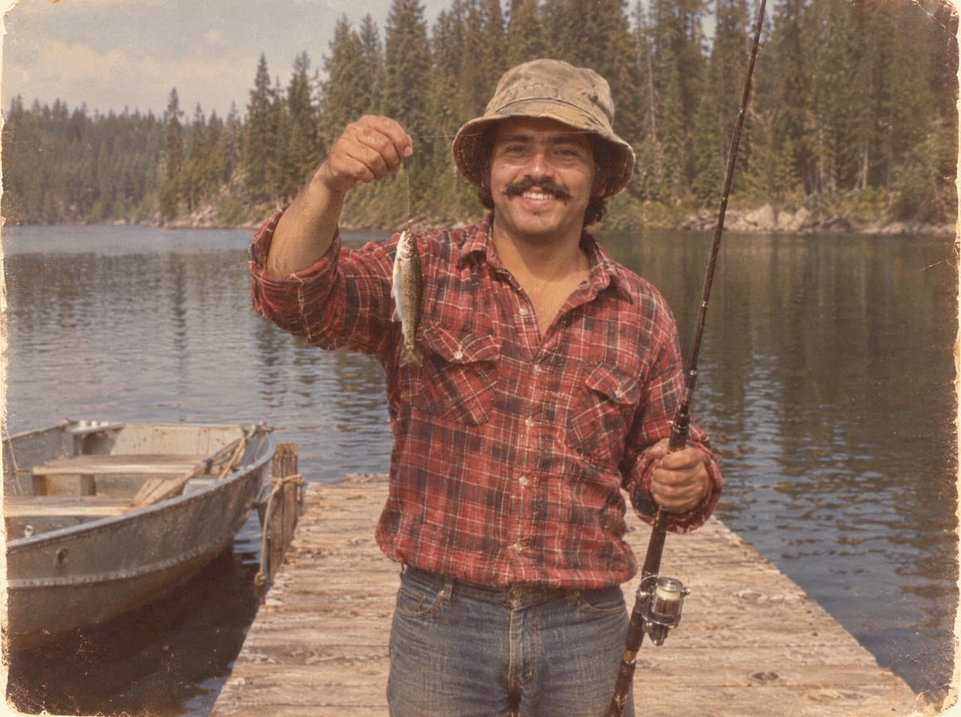 Old snapshot: Ken on the dock holding up a small fish, 1976