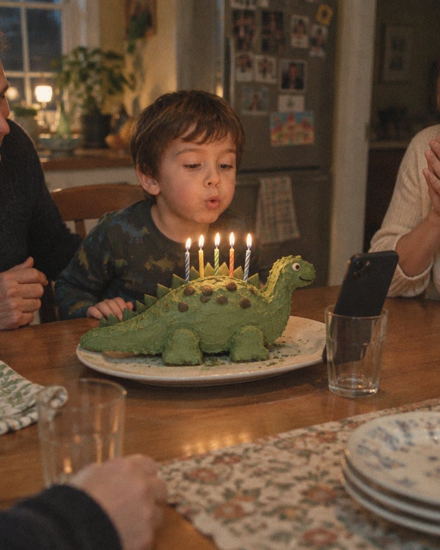 Archie blowing out five candles on a dinosaur cake